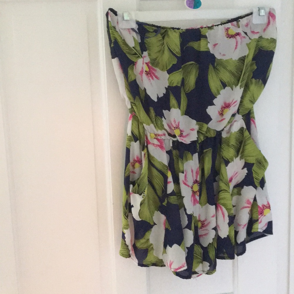 strapless tropical print romper